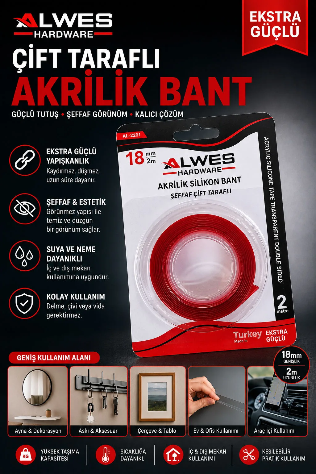 AKRILIK SILIKON BANT CIFT TARAFLI BANT 18 MM SAFAF SILIKONLI - 1