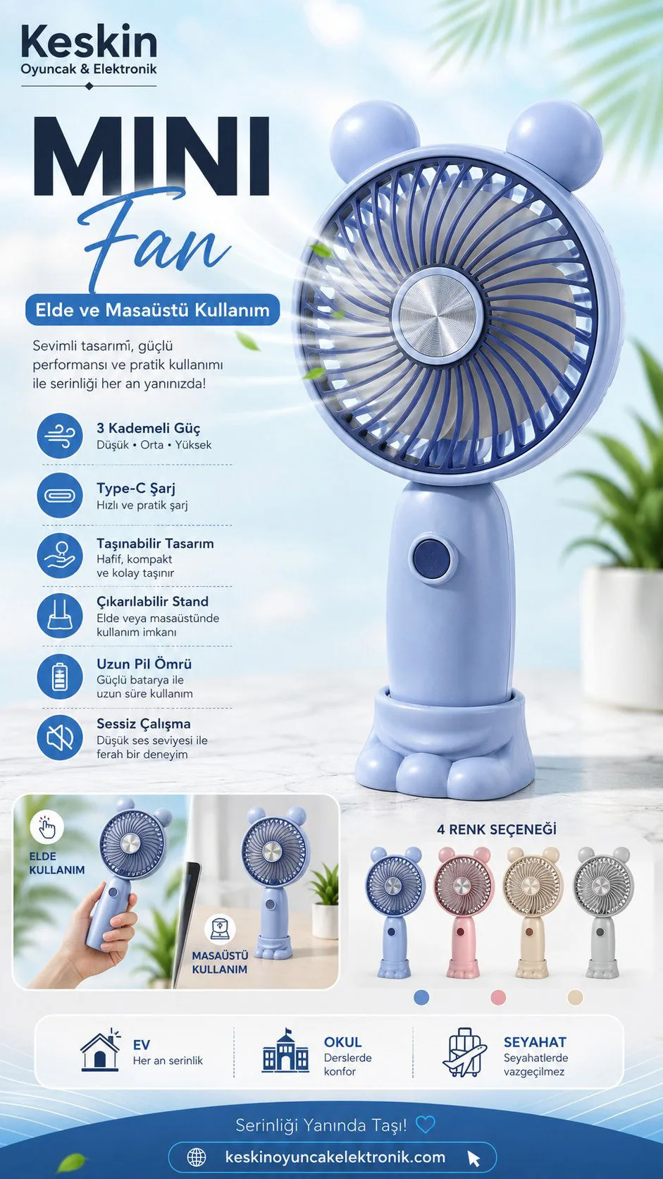 Telefon Standlı Mini Fan HK59-22 - Taşınabilir ve Pratik Soğutma Çözümü urun gorseli - 1
